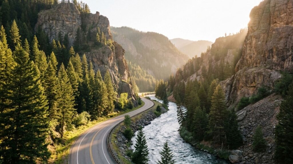 The Gallatin Canyon road following the river toward Big Sky
